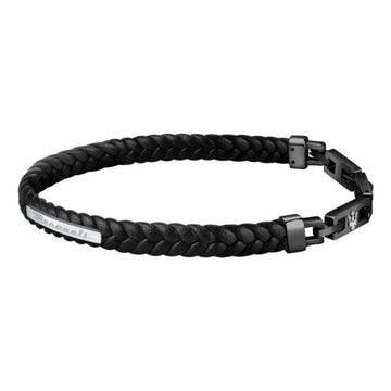 Ανδρικό βραχιόλι Maserati JM222AVE02 από ανακυκλομένο δέρμα σε μαύρο χρώμα με ασημί ατσάλινο στοιχείο ασημί τρίαινα και μαύρο μπρασελέ.